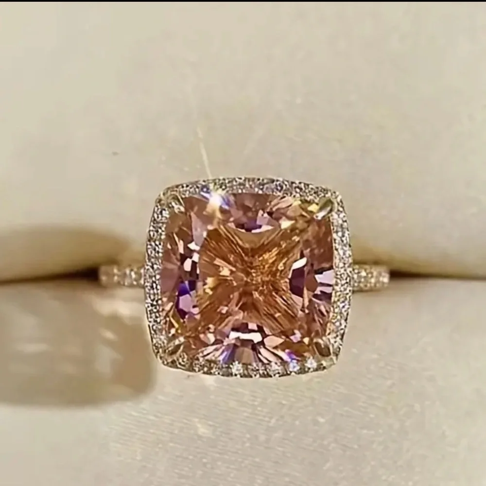New elegant halo ring 18k rose gold plated morganite cubic zirconia‎ size 7